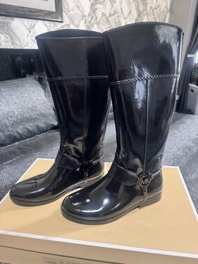 Michael Kors Black Patent Tall Riding Boots with Signature MK Charm
